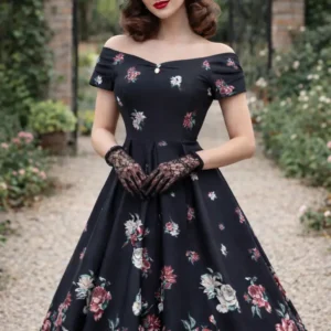 Vestido Vintage "Lily" Floral Negro - Estilo Años 50 Dolly and Dotty